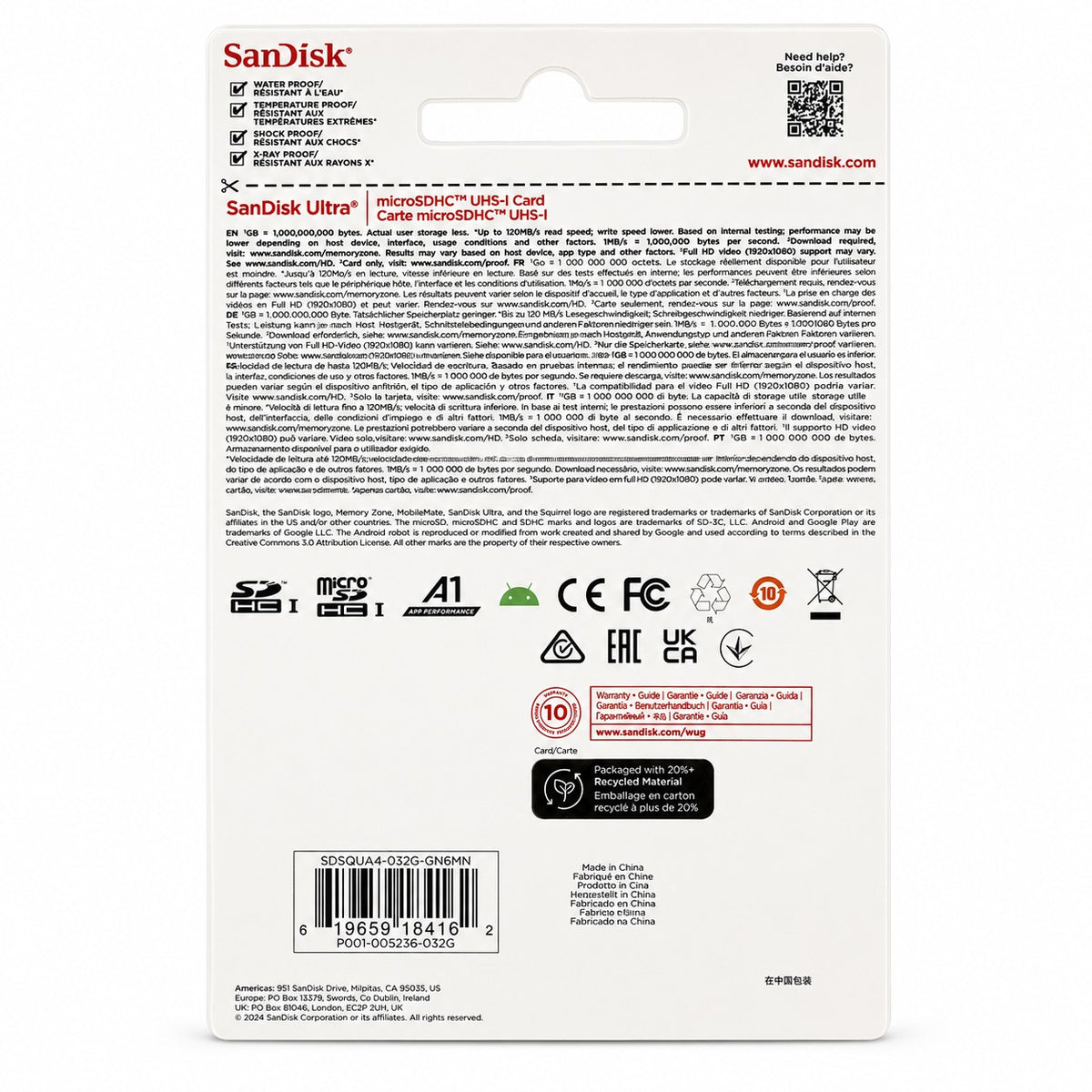 SanDisk Ultra 32GB microSDHC card packaging, back view showing specifications