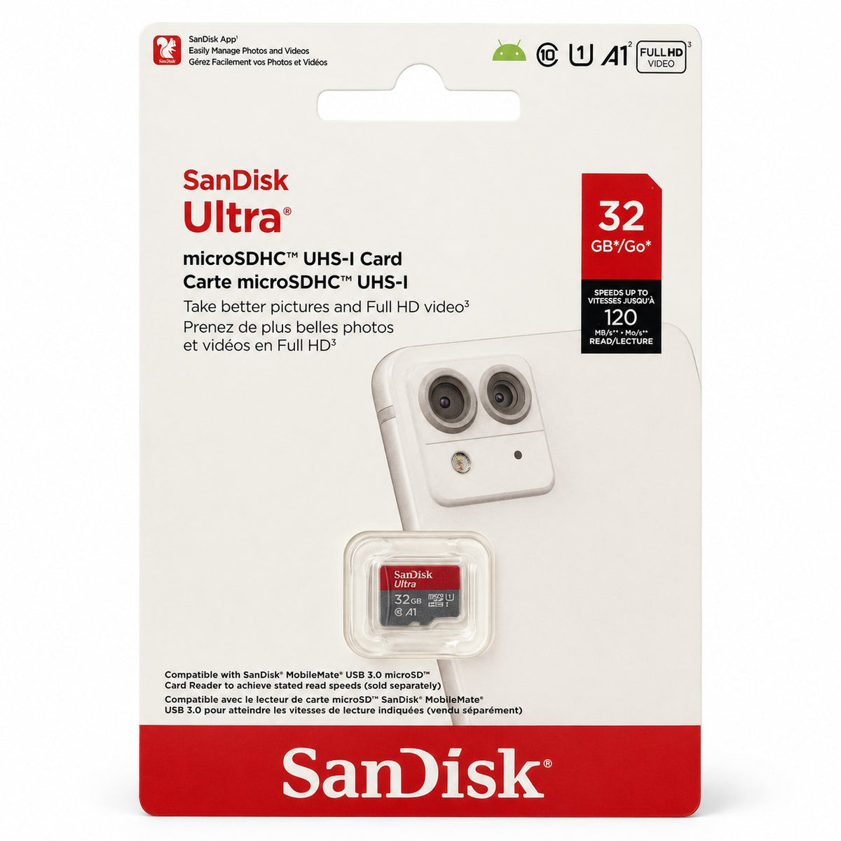 SanDisk Ultra 32GB microSDHC card in retail packaging, front view