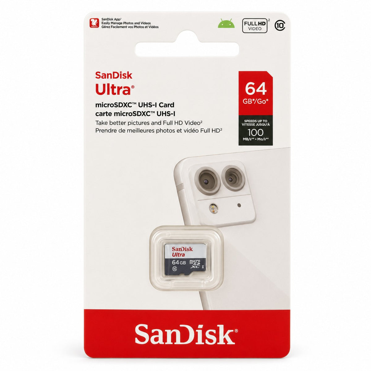 SanDisk Ultra 64GB microSDXC card in retail packaging, front view