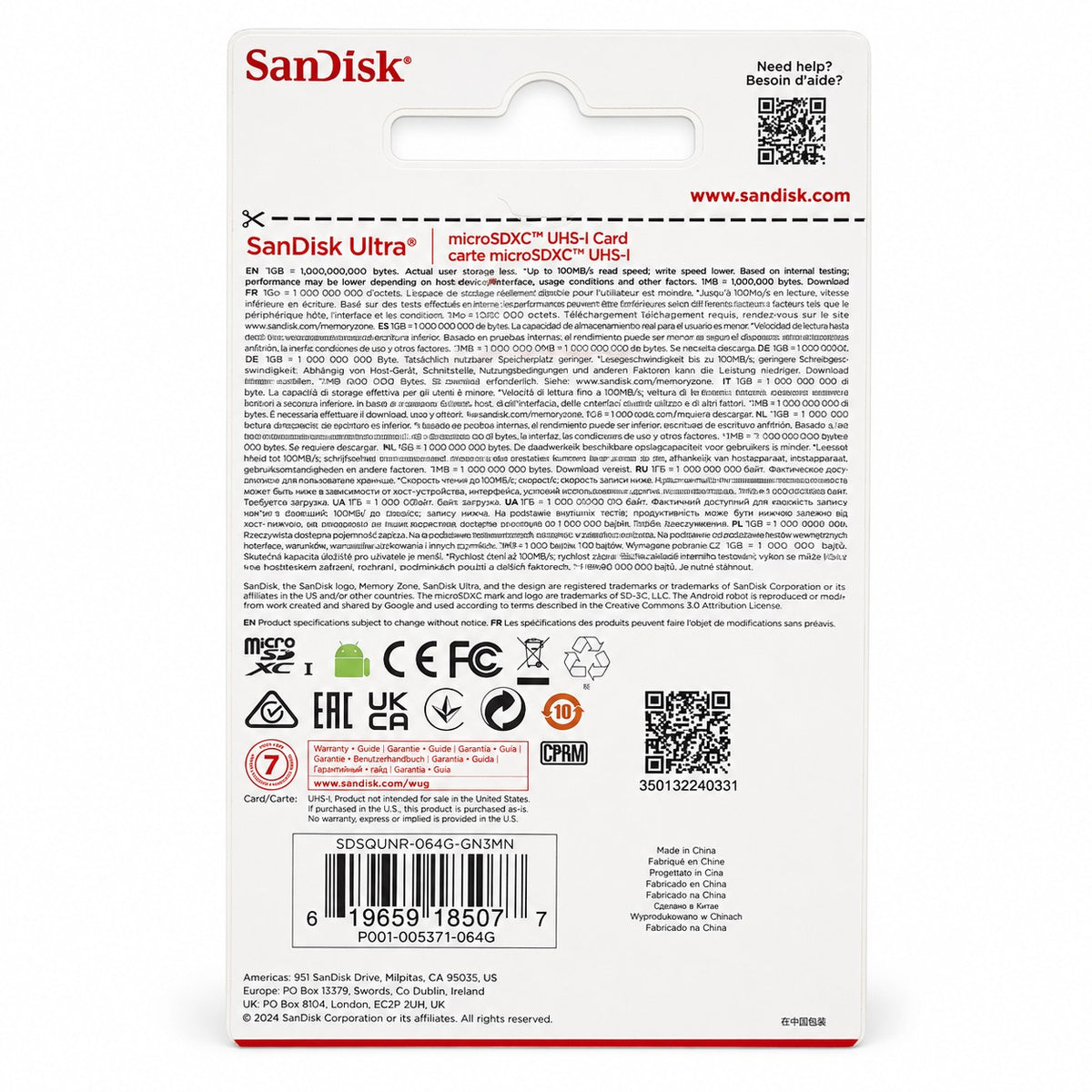 SanDisk Ultra 64GB microSDXC card packaging, back view showing specifications